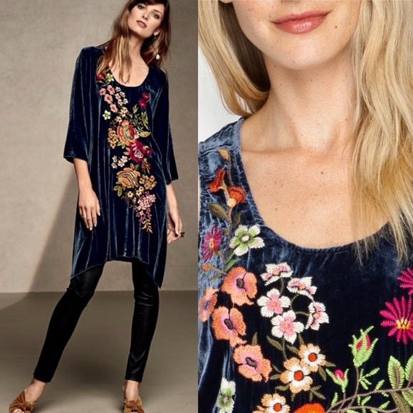 Johnny Was Embroidered‎ Silk Velvet Michelle Tunic Dress Blue Floral - Picture 2 of 7